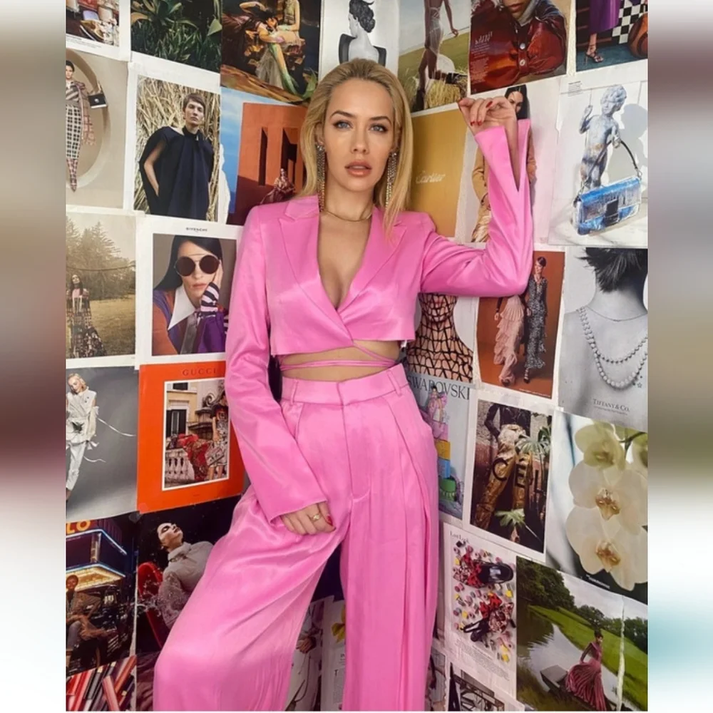Zara 2pc Matching Set  * Satin Cropped Blazer and Wide Pants Pink Size S